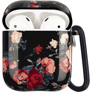 airpods case - litodream rose flower protective hard case cover skin portable & shockproof women girls with keychain for apple airpods 2/1 charging case (rose flower)