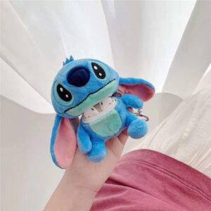 Fluffy Plush Soft TPU Blue Stitch Case with Keychain for AirPods 1 2 1st 2nd Generation AirPods1 AirPods2 3D Cartoon Cute Lovely Adorable Kawaii Kids Girls Women