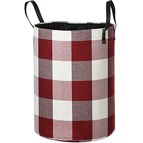 Haundry Foldable X-Large Laundry Hamper with Durable Leather Handles, 22'’ Tall Large Round Laundry Basket for Clothes Storage, Red Buffalo Plaid