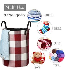 Haundry Foldable X-Large Laundry Hamper with Durable Leather Handles, 22'’ Tall Large Round Laundry Basket for Clothes Storage, Red Buffalo Plaid