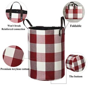 Haundry Foldable X-Large Laundry Hamper with Durable Leather Handles, 22'’ Tall Large Round Laundry Basket for Clothes Storage, Red Buffalo Plaid