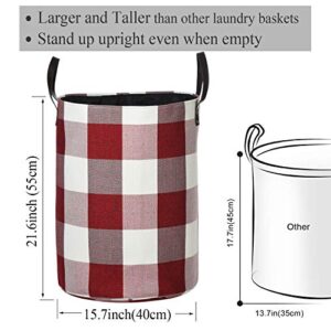 Haundry Foldable X-Large Laundry Hamper with Durable Leather Handles, 22'’ Tall Large Round Laundry Basket for Clothes Storage, Red Buffalo Plaid