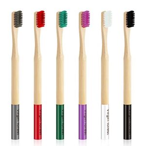 virgin forest 6 pcs biodegradable bamboo toothbrushes, natural eco-friendly bpa-free toothbrushes, best travel wood toothbrush set for sensitive gums