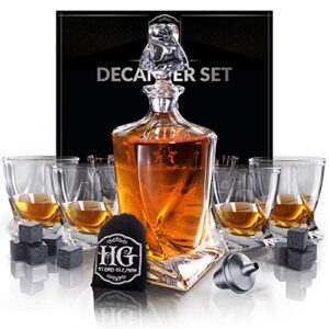 whiskey decanter set for men with 4 drinking glasses and 9 whisky stones for cognac, bourbon, rum, scotch, liquor crystal clear decanter sets - house warming new home whiskey gifts for men dad him