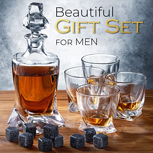 Whiskey Decanter Set for Men with 4 Drinking Glasses and 9 Whisky Stones for Cognac, Bourbon, Rum, Scotch, Liquor Crystal Clear Decanter Sets - House Warming New Home Whiskey Gifts for Men Dad Him