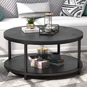 wiberwi round coffee table black coffee tables for living room 35.8" rustic industrial design circle table furniture sturdy metal frame legs cocktail table with storage open shelf, easy assembly