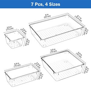 Puricon 7 Pcs Desk Drawer Organizers Trays Set Clear Plastic Storage Bins Bathroom Drawer Tray Dividers Vanity Trays Organizer for Bedroom Dresser Makeup Kitchen Utensil Office