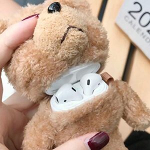 AirPods Case Soft TPU Fluffy Plush Brown Teddy Bear Toy Doll Cover with Bag Hook for Apple AirPods1 AirPods2 1 2 3D Cartoon Dreamy Cute Lovely Warm Comfortable Cozy Kids Girls