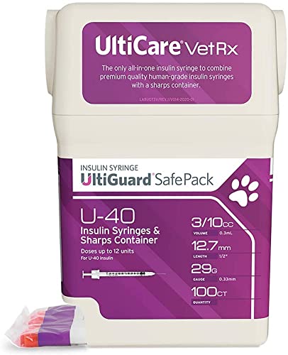 UltiCare VetRx U-40 UltiGuard Safe Pack Pet Insulin Syringes 3/10cc, 29G x 1/2", 100ct (W/o 1/2 Unit Markings)