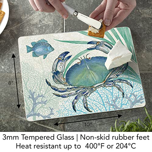 CounterArt Oceana Crab 3mm Heat Tolerant Tempered Glass Cutting Board 10” x 8” Manufactured in the USA Dishwasher Safe