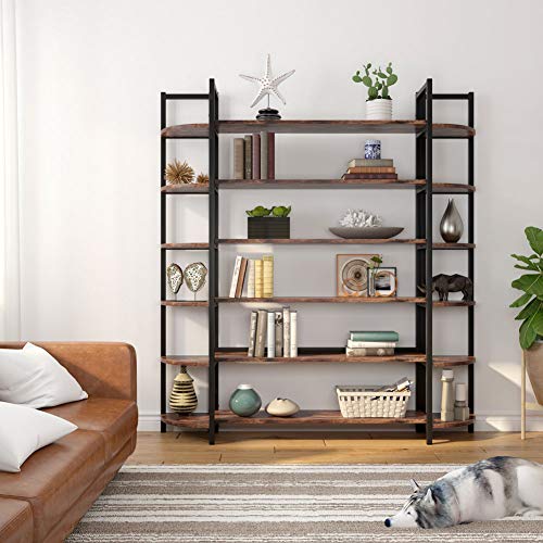 Tribesigns Modern Triple Wide 6-Shelf Bookcase, 6-Tier Large Etagere Bookshelves Storage and Double Wide Bookshelf Display Shelves with Sturdy Metal Frame for Home Office Deco, Rustic