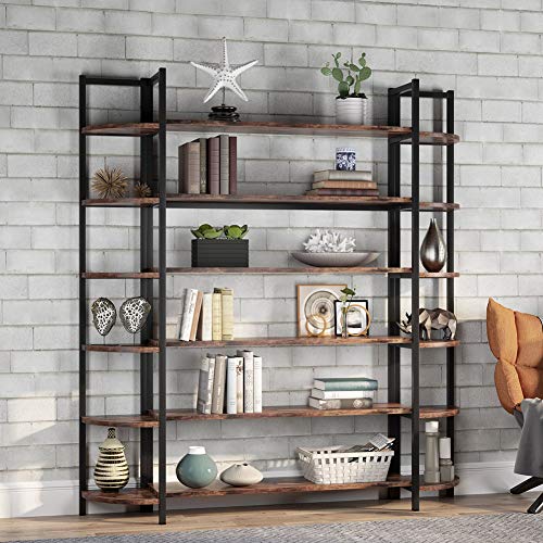 Tribesigns Modern Triple Wide 6-Shelf Bookcase, 6-Tier Large Etagere Bookshelves Storage and Double Wide Bookshelf Display Shelves with Sturdy Metal Frame for Home Office Deco, Rustic