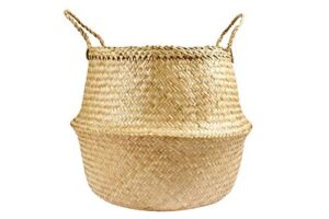 chinoxinh seagrass woven belly basket with handles - multipurpose handmade wicker rural storage for plant, pot decor, laundry, clothes, blanket, grocery and outdoor picnic (original xxx-large 14x16in)