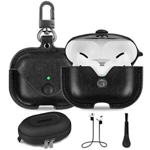kmmin leather airpods pro 1 & 2 case with secure snap keychain,4 in-1 airpods pro accessories set with airpods pro 2019/2022 protective case cover/storage bag/anti-lost strap/clean brush,black