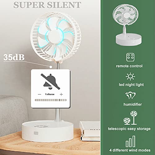 PRACMANU Telescopic Folding Fan 4 Speeds Humidifier/Night Light/Remote Control Portable Mini Fan USB Rechargeable Floor Table Top for Home Office Desk Outdoor Camping Picnic
