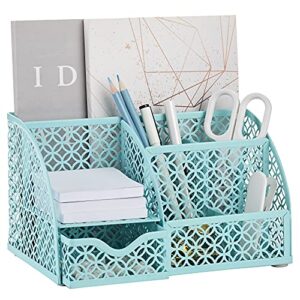 annova mesh desk organizer office with 7 compartments + drawer/desk tidy candy/pen holder/multifunctional organizer - turquoise