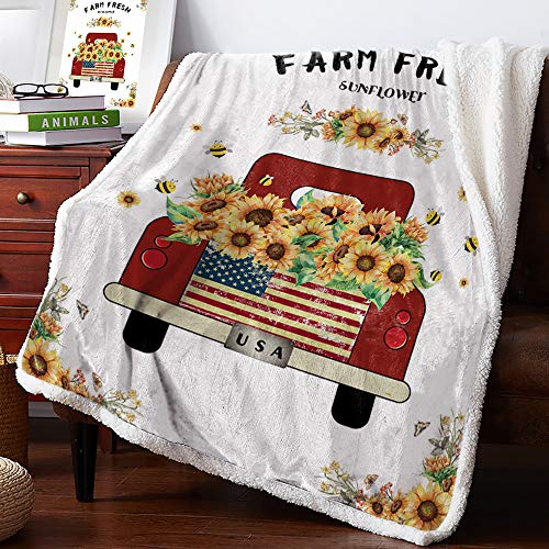 Warm Soft Fleece Throw Blanket, Red Truck Load Blooming Sunflower Farm - Cozy Plush Lightweight Blanket | Winter Couch Bed Sofa Decorative Microfiber Fleece Throws, 39" x 49"