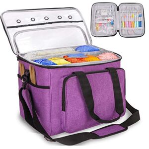 knitting bag, yarn tote storage organizer with separate crochet hooks & knitting needles bag,slits on top to protect wool and prevent tangling large purple