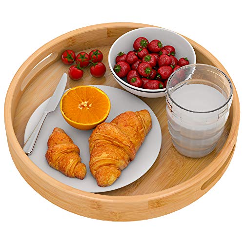 Zhuoyue Round Serving Tray with Handles - Wood Bamboo Decorative Tray for Ottoman, Coffee Table Circle Tray for Food, Cocktail, Drink