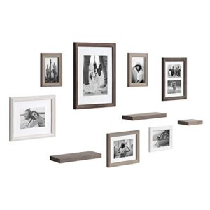 kate and laurel bordeaux gallery wall frame and shelf kit, set of 10, multicolored with whitewash, charcoal gray, and farmhouse gray, assorted size frames and three display shelves