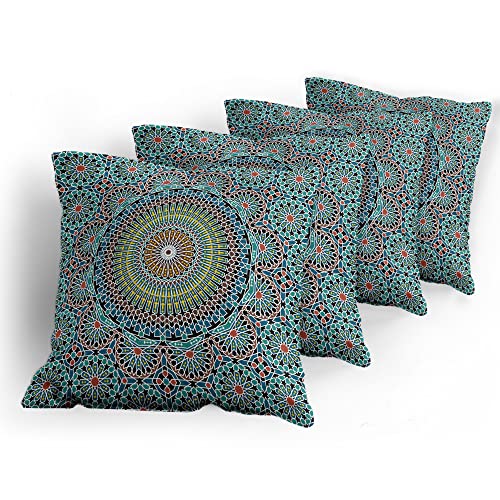 Lunarable Geometric Throw Pillow Cushion Case Pack of 4, Traditional Middle Eastern Style Moroccan Culture Design, Modern Accent Double-Sided Digital Printing, 18", Blue Ruby