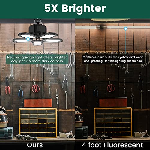 siicaaG 2 Pack LED Plug in Garage Lights, 120W Deformable Garage Ceiling Light 6500K with 5 Adjustable Panels, Bright 12000LM Linkable LED Shop Lights for Garage, Basement, Barn, Warehouse