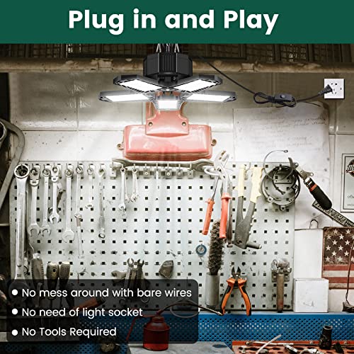 siicaaG 2 Pack LED Plug in Garage Lights, 120W Deformable Garage Ceiling Light 6500K with 5 Adjustable Panels, Bright 12000LM Linkable LED Shop Lights for Garage, Basement, Barn, Warehouse