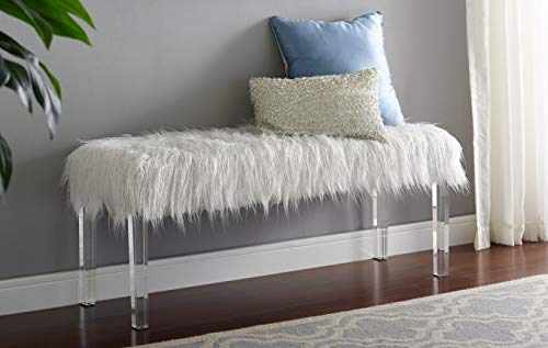 Roundhill Furniture Valley Faux Fur Bench with Acrylic Legs, White