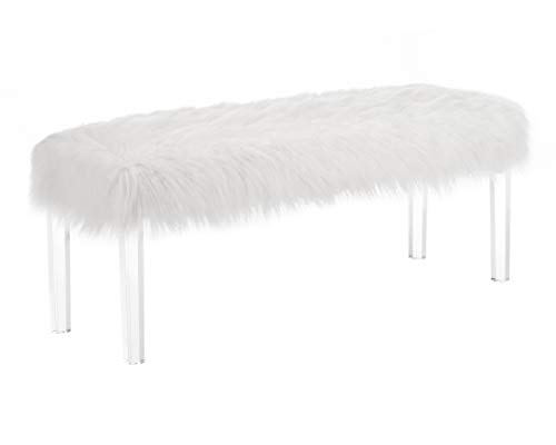 Roundhill Furniture Valley Faux Fur Bench with Acrylic Legs, White