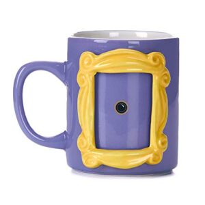 paladone friends friends tv show coffee mug, monica's purple door yellow peephole frame design. friends coffee cup, friends tv show merchandise