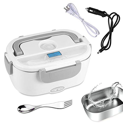 Electric Lunch Box for Car and Home 110V & 12V 40W - Removable Stainless Steel Portable Food Grade Material Warmer Heater - with 2 in 1 Fork & Spoon