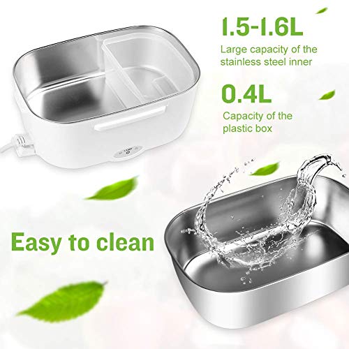 Electric Lunch Box for Car and Home 110V & 12V 40W - Removable Stainless Steel Portable Food Grade Material Warmer Heater - with 2 in 1 Fork & Spoon