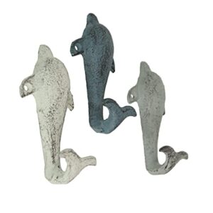 zeckos set of 3 colorful coastal cast iron dolphin decorative wall hooks ocean décor 5 inches high