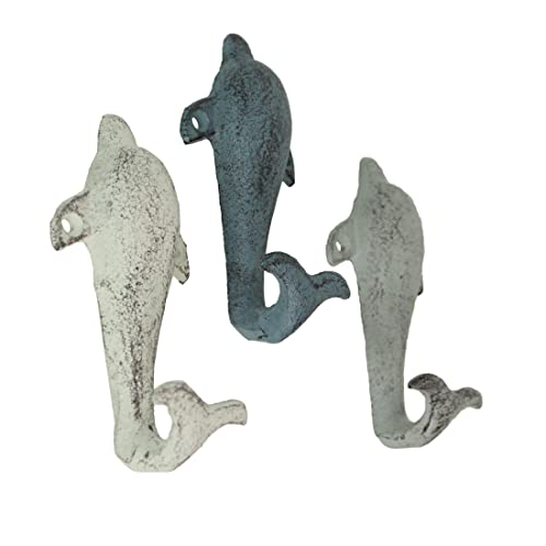 Zeckos Set of 3 Colorful Coastal Cast Iron Dolphin Decorative Wall Hooks Ocean Décor 5 inches High