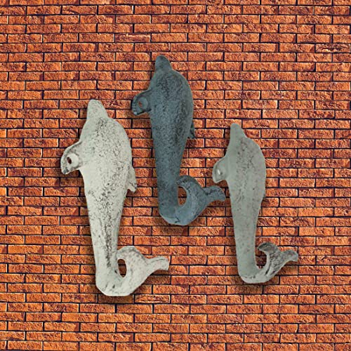 Zeckos Set of 3 Colorful Coastal Cast Iron Dolphin Decorative Wall Hooks Ocean Décor 5 inches High