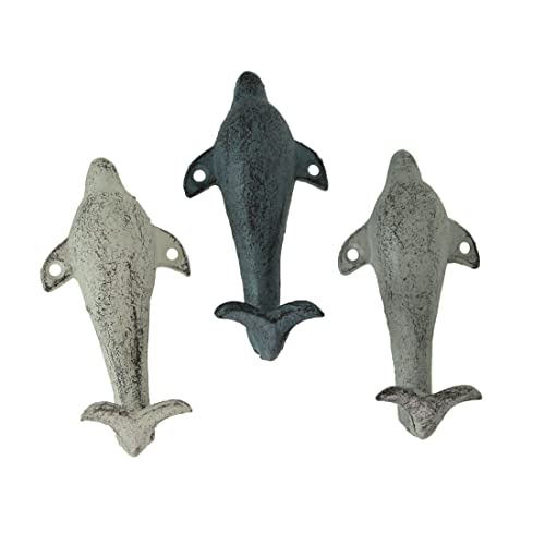 Zeckos Set of 3 Colorful Coastal Cast Iron Dolphin Decorative Wall Hooks Ocean Décor 5 inches High