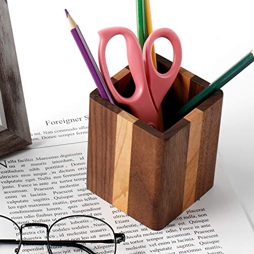 YOYAI Natural Wood Desk Pen Holder Pencil Organizer Desktop Office Pencils Stand Holder Simple(Cherry center walnut side)