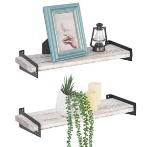 mygift 16-inch whitewashed wood floating shelves with black metal brackets, wall mounted display shelf, set of 2