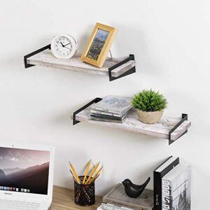 MyGift 16-inch Whitewashed Wood Floating Shelves with Black Metal Brackets, Wall Mounted Display Shelf, Set of 2