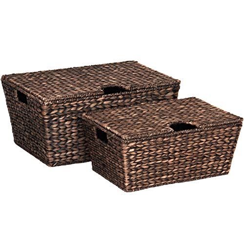 Manoch 2 Pieces Set Hand Woven Water Hyacinth Wicker Baskets Storage Organizer Bins Handles Large Basket Dimensions: 21.5"(L) x 13.5"(W) x 10"(H) Small Basket: 18"(L) x 12"(W) x 8"(H)