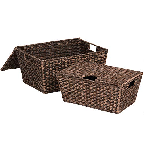 Manoch 2 Pieces Set Hand Woven Water Hyacinth Wicker Baskets Storage Organizer Bins Handles Large Basket Dimensions: 21.5"(L) x 13.5"(W) x 10"(H) Small Basket: 18"(L) x 12"(W) x 8"(H)