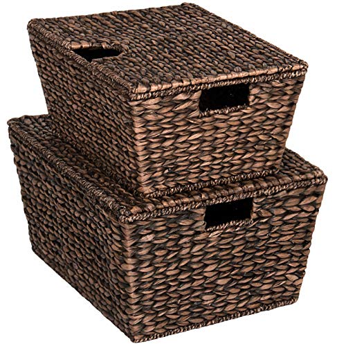 Manoch 2 Pieces Set Hand Woven Water Hyacinth Wicker Baskets Storage Organizer Bins Handles Large Basket Dimensions: 21.5"(L) x 13.5"(W) x 10"(H) Small Basket: 18"(L) x 12"(W) x 8"(H)