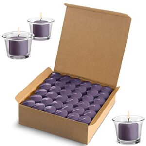 luxurious lavender scented candles - bulk set of 72 scented votive candles - purple color - 8 hour extended burn time (glass holders not included)