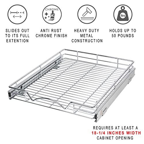 Hold N' Storage Pull Out Cabinet Drawer Organizer, Heavy Duty-with 5 Year Limited Warranty- Slide Out Shelves, -17”W x 21”D - Requires at Least a 18-1/4” Cabinet Opening, Steel Metal, Chrome Finish