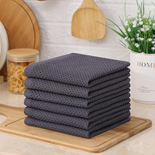 Kitinjoy 100% Cotton Kitchen Dish Cloths, 6 Pack Waffle Weave Ultra Soft Absorbent Dish Towels for Drying Dishes Quick Drying Kitchen Towels Dish Rags, 12 X 12Inch, Dark Grey