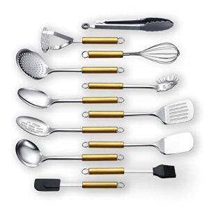 Cooking Utensil Set 12 Piece, Kyraton Stainless Steel Gold Handle Kitchen Utensil Set Kitchen Tool Set Include Cooking Spoon, Ladle, Skimmer, Potato Masher, Spatulas ect. (12pcs)