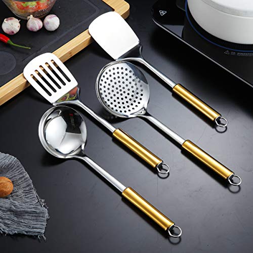 Cooking Utensil Set 12 Piece, Kyraton Stainless Steel Gold Handle Kitchen Utensil Set Kitchen Tool Set Include Cooking Spoon, Ladle, Skimmer, Potato Masher, Spatulas ect. (12pcs)