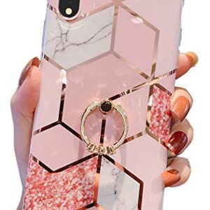 Qokey Case Compatible with iPhone XR Case 6.1 inch Marble Case Cute Fashion for Women Girls with 360 Degree Rotating Ring Kickstand Soft TPU Shockproof Cover Rhombic Marble