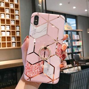 Qokey Case Compatible with iPhone XR Case 6.1 inch Marble Case Cute Fashion for Women Girls with 360 Degree Rotating Ring Kickstand Soft TPU Shockproof Cover Rhombic Marble