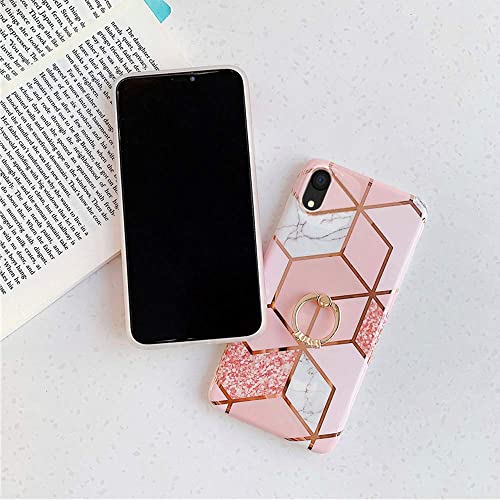 Qokey Case Compatible with iPhone XR Case 6.1 inch Marble Case Cute Fashion for Women Girls with 360 Degree Rotating Ring Kickstand Soft TPU Shockproof Cover Rhombic Marble